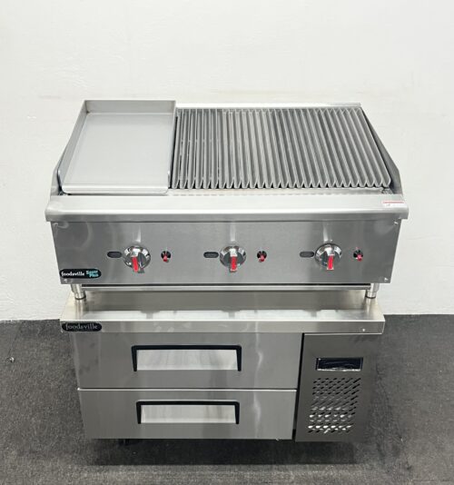 New Foodsville Gas 2/3 Chargrill 1/3 Griddle On Double Drawer Chilled Chef Base