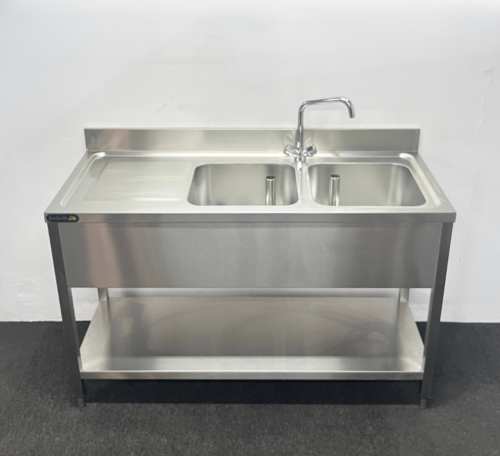 New Foodsville 1400mm Stainless Steel Double Bowl Sink With Undershelf – Left Hand Drainer