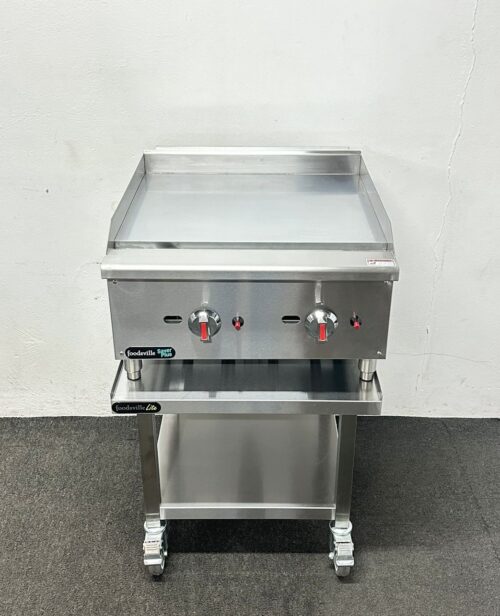 New Foodsville 600mm 2 Burner Chrome Top Gas Griddle, On Mobile Stand