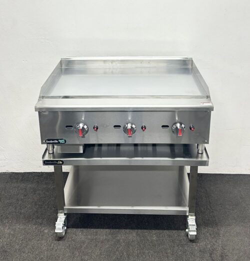 New Foodsville 910mm Heavy Duty Chrome Top Countertop Gas Griddle, On Mobile Stand