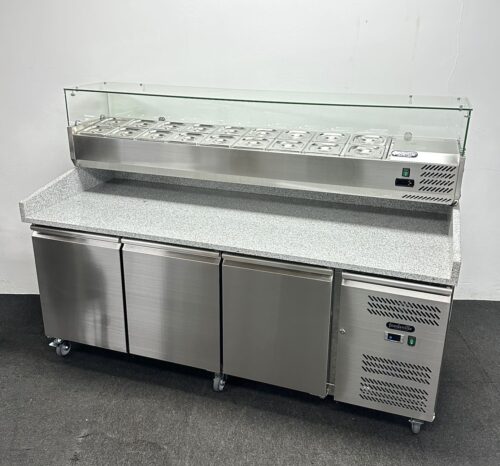 New Foodsville 3 Door Pizza Prep Granite Counter Fridge, On Wheels