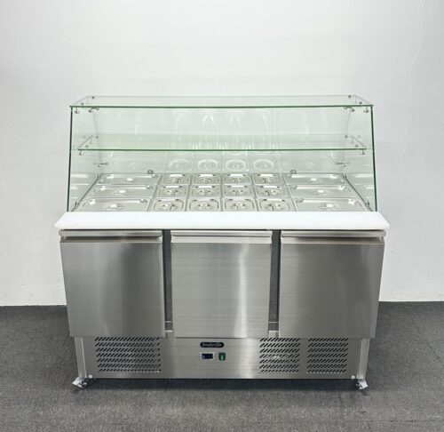 New Foodsville 3 Door Curved Glass Prep Counter Fridge, On Wheels