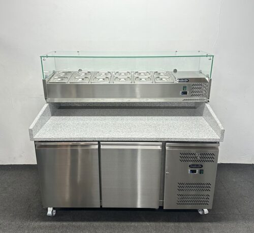 New Foodsville 2 Door Granite Top Pizza Prep Counter Fridge, On Wheels