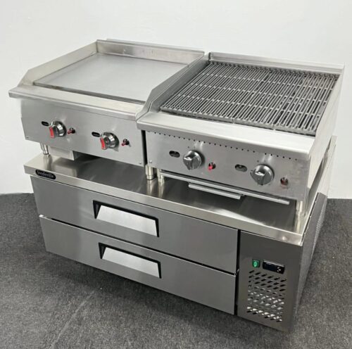 New Foodsville Gas Griddle & Gas Chargrill On Double Drawer Chilled Chef Base
