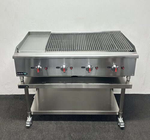 New Foodsville 1200mm 4 Burner Gas 3/4 Chargrill 1/4 Griddle, On Mobile Stand