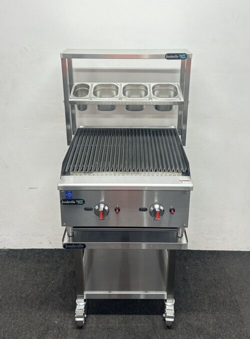 New Foodsville 600mm 2 Burner Gas Chargrill With Garnish Rail, On Mobile Stand