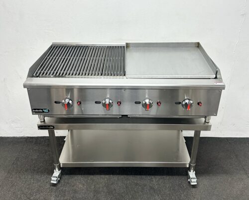New Foodsville 1200mm 4 Burner Gas 1/2 Chargrill 1/2 Griddle, On Mobile Stand