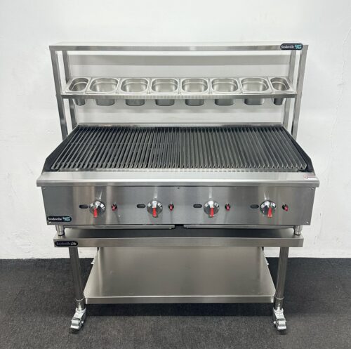 New Foodsville 1200mm 4 Burner Gas Chargrill With Garnish Rail, On Mobile Stand