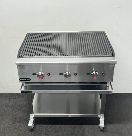 New Foodsville 900mm 3 Burner Gas Chargrill, On Mobile Stand