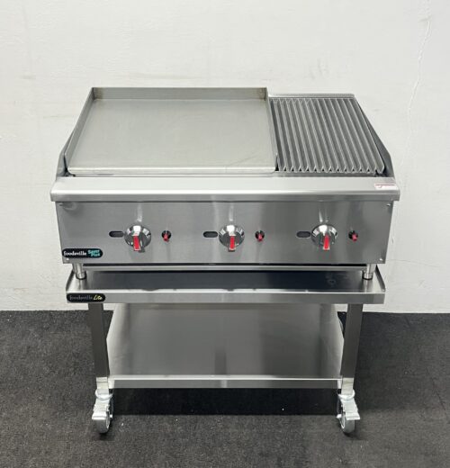 New Foodsville 900mm Countertop 2/3 Griddle 1/3 Chargrill, On Mobile Stand