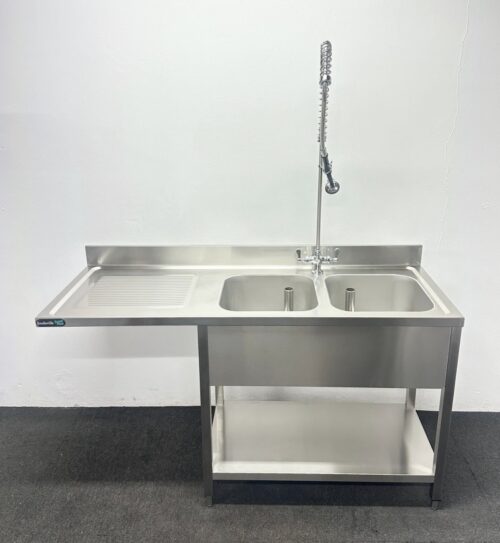 New Foodsville 1600mm Double Bowl Dishwasher Sink With Shower Spray Tap - Left Hand Drainer