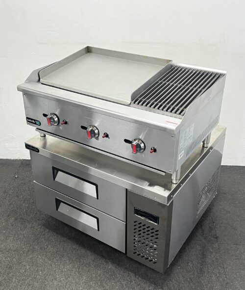 New Foodsville Gas 2/3 Griddle 1/3 Chargrill on Double Drawer Chilled Chef Base, On Wheels