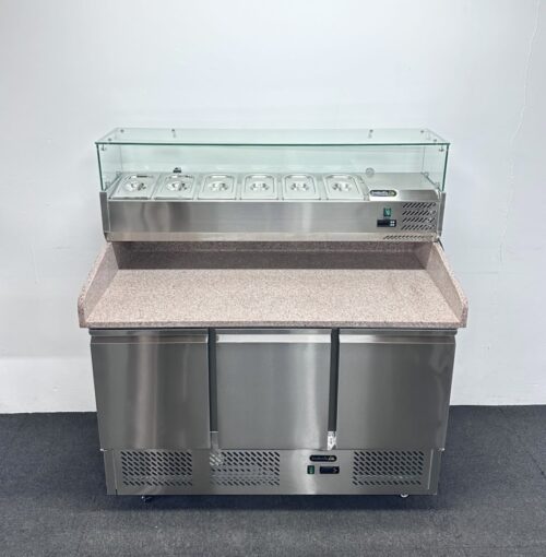New Foodsville 3 Door Pizza Prep Granite Counter Fridge, On Wheels