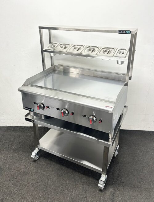 New Foodsville 900mm Chrome Top Gas Griddle With Garnish Rail, On Mobile Stand