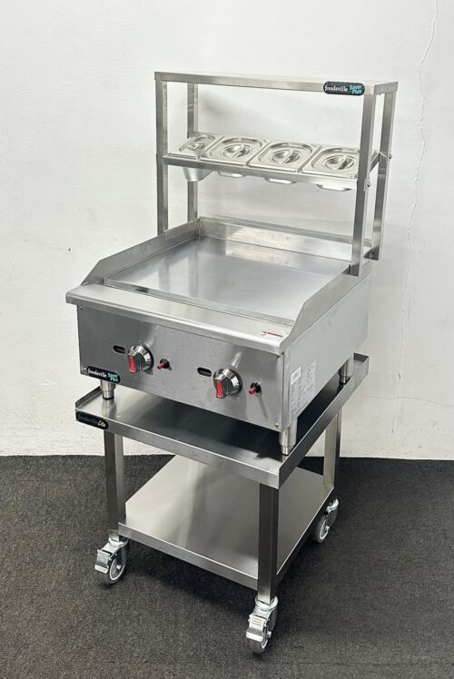 New Foodsville 600mm Chrome Top Gas Griddle With Garnish Rail, On Mobile Stand
