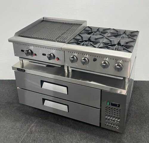 New Foodsville Gas Hob & Gas Chargrill on Double Drawer Chilled Chef Base, On Wheels