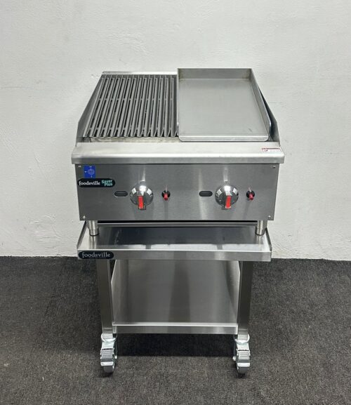 New Foodsville 600mm 2 Burner Gas 1/2 Chargrill 1/2 Griddle, On Mobile Stand