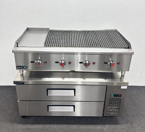 New Foodsville Gas 3/4 Chargrill 1/4 Chargrill on Double Drawer Chilled Chef Base, On Wheels